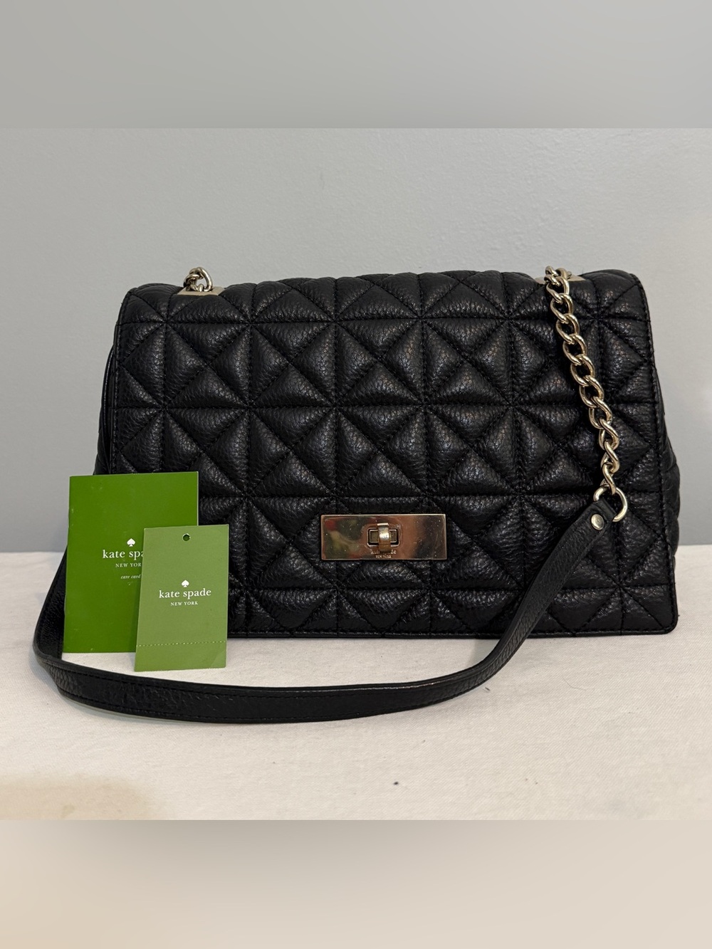 kate spade Delaney Shoulder Bag Black Quilted Leather Chain with Gold Hardware
